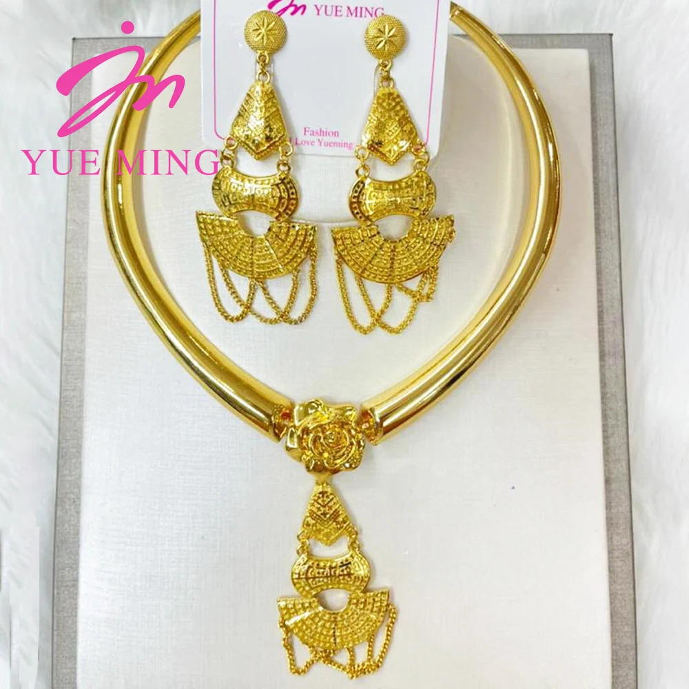 

Fashion Jewelry Trendy Nigerian Wedding African Jewelry Sets Necklace Earrings Party Wedding Dubai 18k Gold Color Drop Earrings