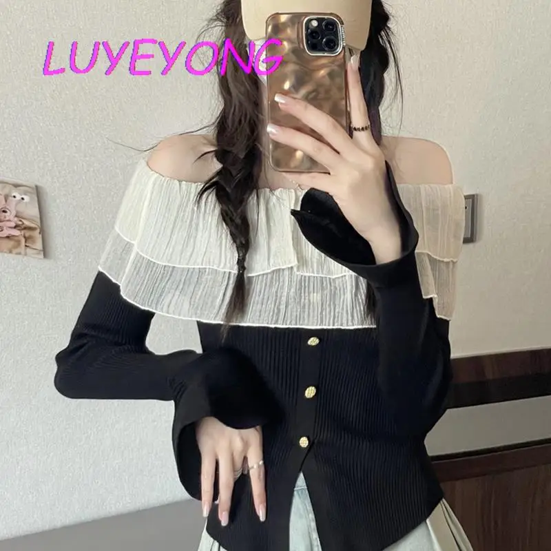 

Women Off Shoulder Slim Cardigans Sweaters Autumn Lady Ruffles Flare Sleeve Knitted Tops Slash Neck Elegant 2023 Single Breasted