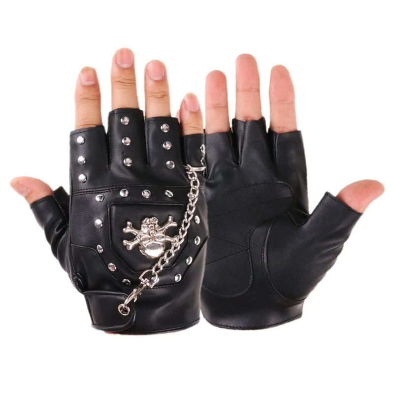 

2023 New Half Finger Punk Rivets PU Leather Gloves Black Biker Gloves with Metal Chain for Motorcycles Fingerless Dancing