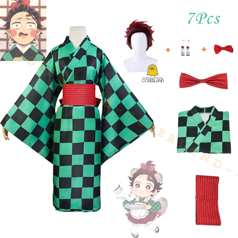 

Demon Slayer Season 2 Kamado Tanjirou Cosplay Costume Japanese Kimono Wig Kimetsu No Yaiba Entertainment District Arc Green Grid