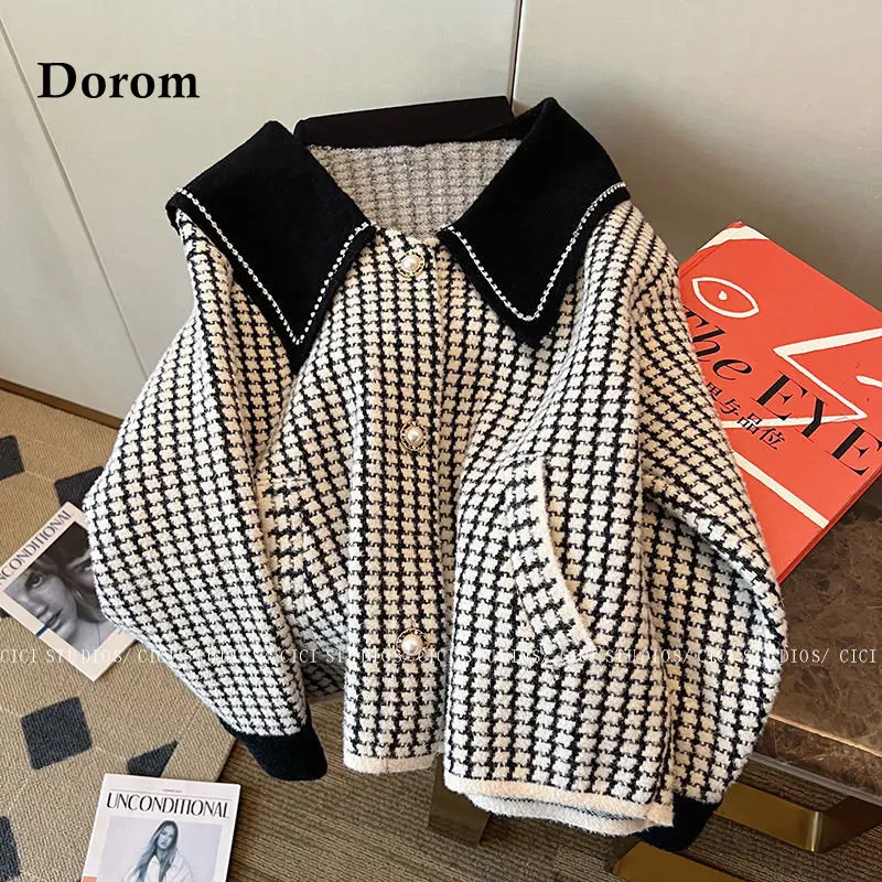 

Vintage Patchwork Houndstooth Sweater Cardigan Women Autumn Winter Korean Sweet Peter Pan Collar O-Neck Elegant Knitwear Outwear