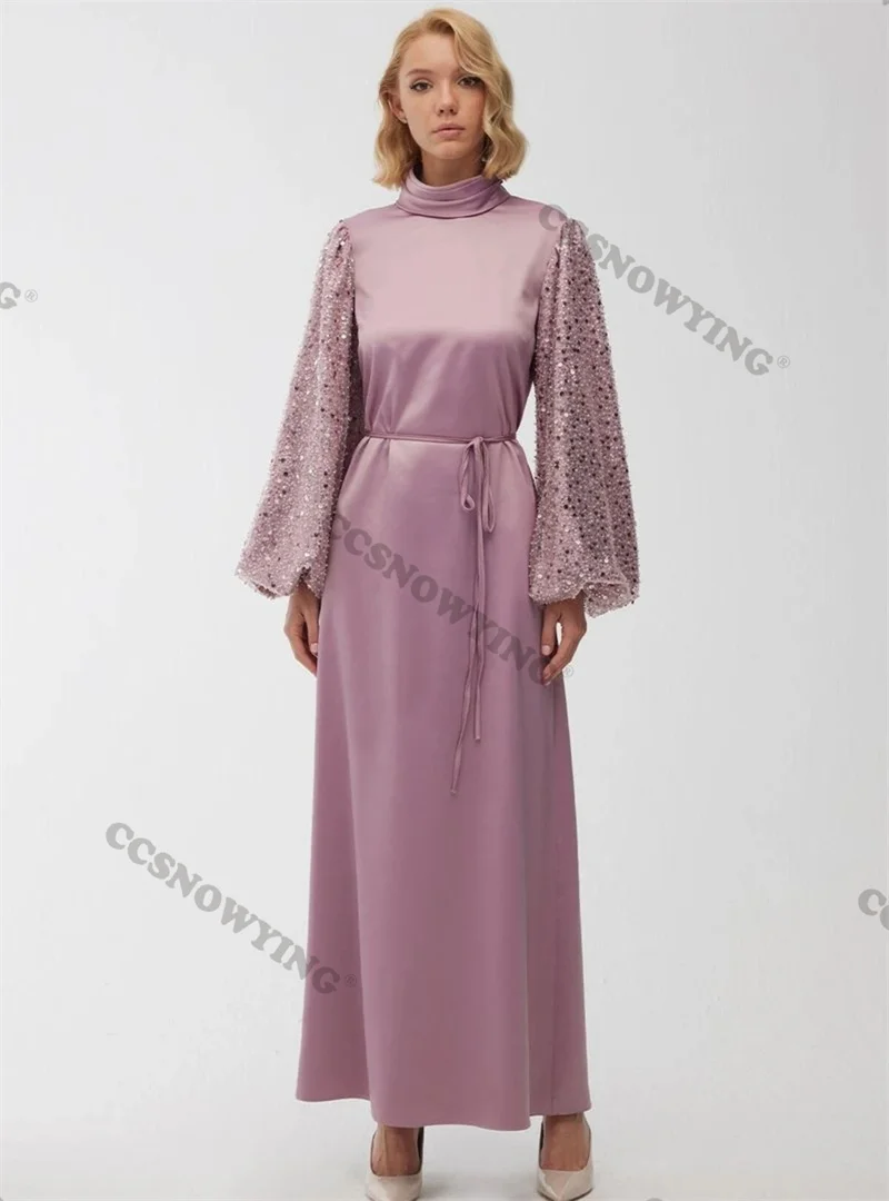 

Модные атласные вечерние платья с блестками в мусульманском стиле с длинным рукавом, официальные женские платья с высоким воротником, арабские платья для вечеринки