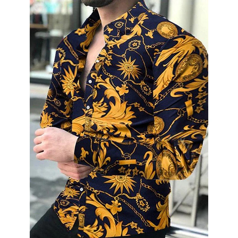 

Fashion Luxury Social Men Shirts Turn-down Collar Buttoned Shirt Casual Flower Print Long Sleeve Tops Mens Clothes Club Cardigan