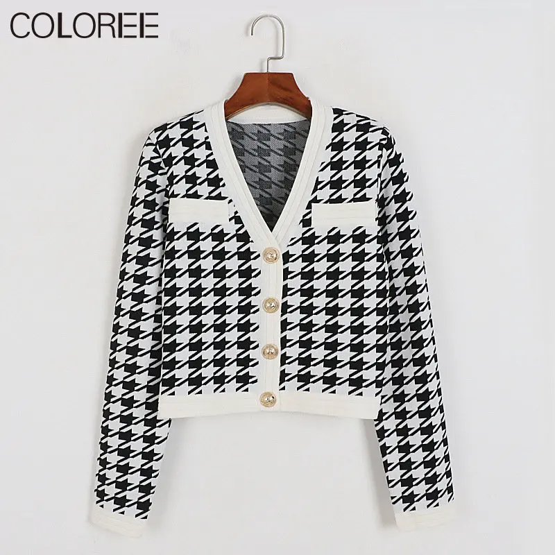 

Женский винтажный кардиган в клетку, белый и черный элегантный трикотажный свитер с V-образным вырезом и длинными рукавами в Корейском стил...