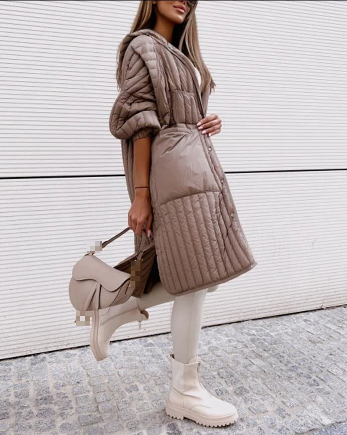 Down Jacket Female Autumn Winter 2022 Casual Fashion Plain Long Sleeve Side Slit Button Front Daily Hooded Long Puffer Coat