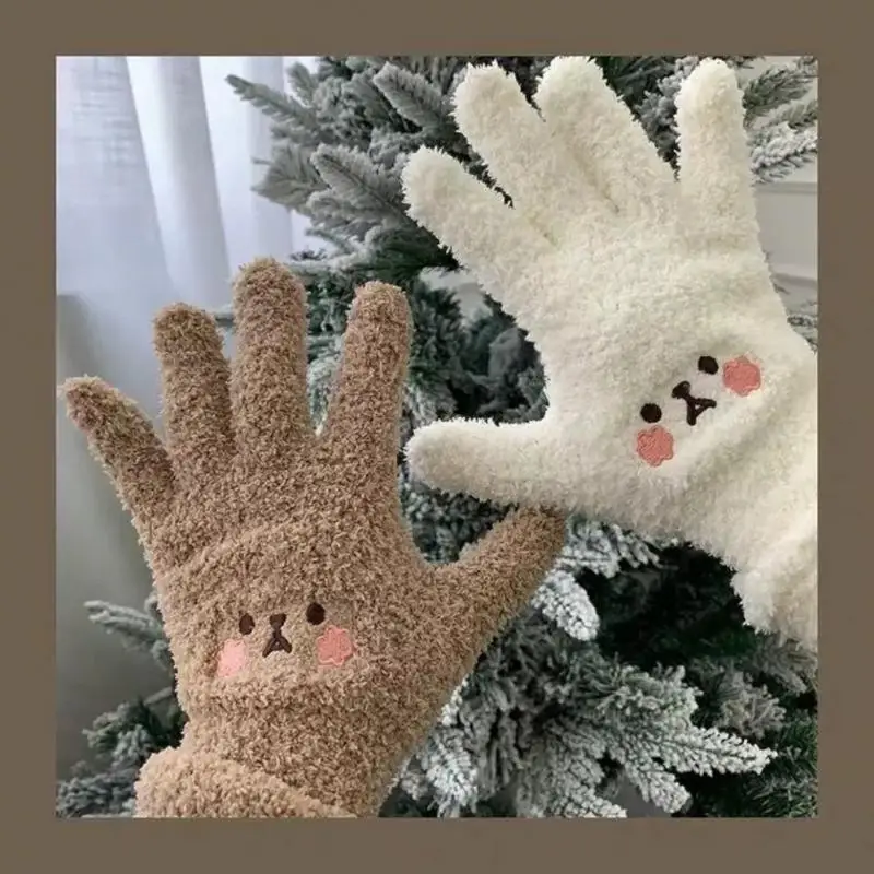 

Women's Winter Knitted Bear Embroidery Gloves Cute Cartoon Student Touchscreen Thickened Warm Keeping Plush All Finger Gloves