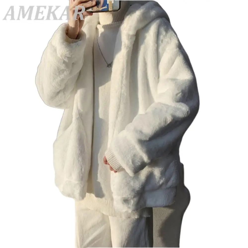 

Winter Oversized White Faux Fur Soft Coat Men with Hood Long Sleeve Zipper Casual Loose HipHop Fluffy Jacket for Male Style 2022