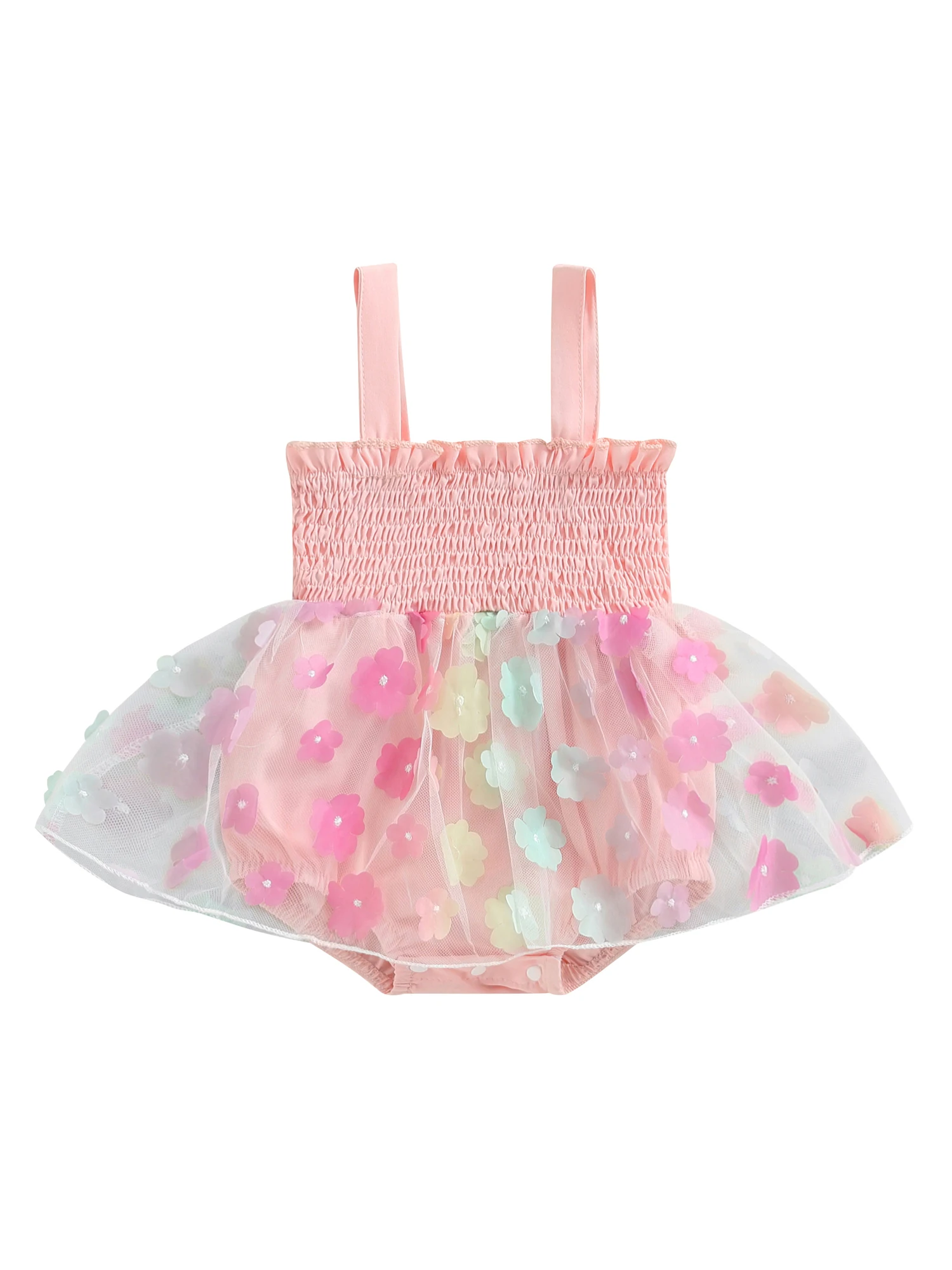 

CenturyX Infant Baby Girls Romper Dress Flower Print Mesh Skirt Hem Ruched Jumpsuits Summer Outfit Cami Bodysuits (Pink 0-3