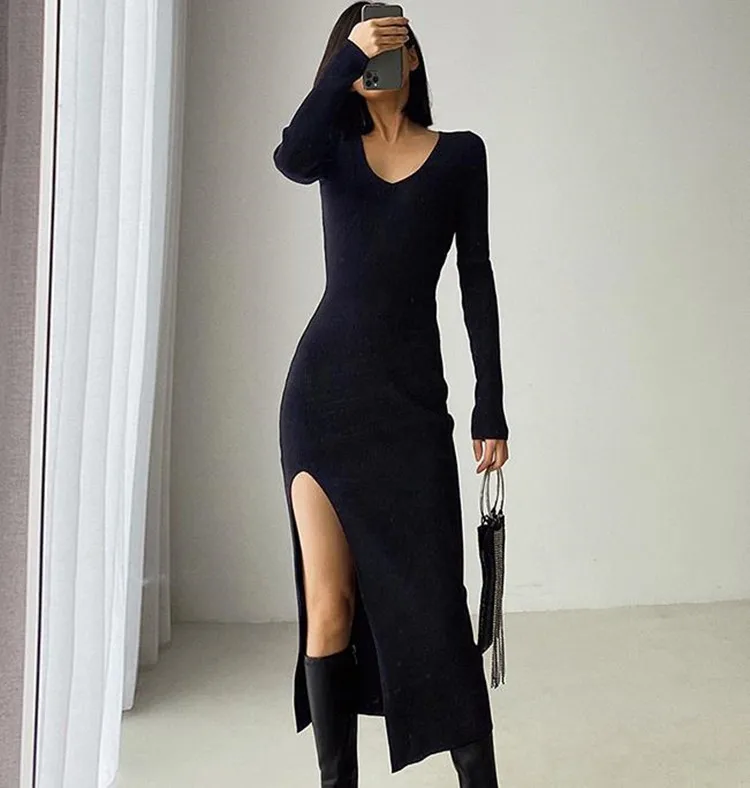 

Korean Clothes Knitted Split Casual Women Dress French Ins Long Sleeves V Neck High Waist Dress Sexy Slim Bag Hip One Step Skirt