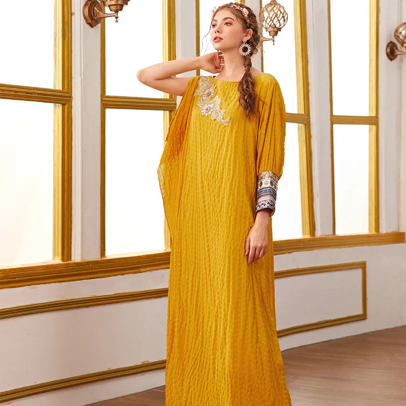 

SuperAen New 2023 Dubai Fashion Casual Round Neck Embroidered Loose Dress A-LINE Maxi Dress for Women