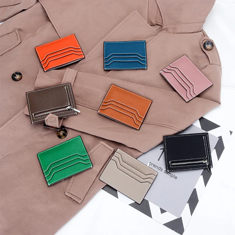 Real Leather Zip Credit Card Holder Contrast Stitching Design Mini Cowhide Men Women Wallet Luxury Portable Ultrathin Coin Purse