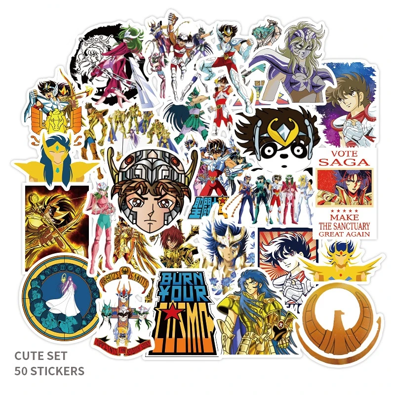 

50pcs Pack Saint Seiya Anime Waterproof Stickers Skateboard Guitar Laptop Motorcycle Travel Luggage Stickers Classic Toy Kawaii