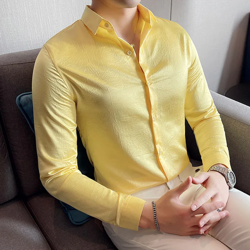 

British Style Men Shirt Fashion Fold Design Long Sleeve Camisas De Hombre Top Quality Night Club Prom Slim Fit Male Dress Shirts