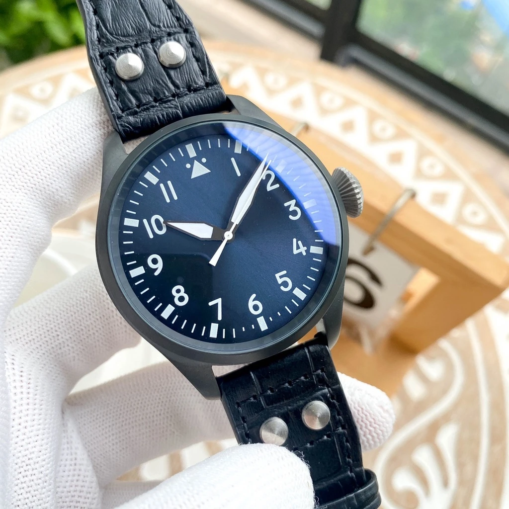 

mens automatic mechanical watch black pilot leather