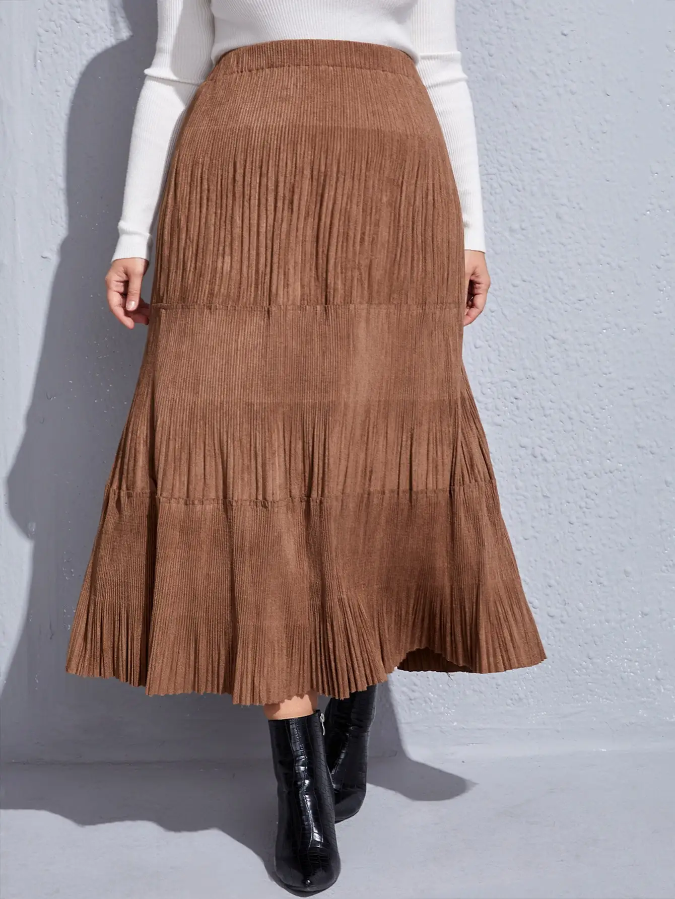 

Plus Size High Waist Women Skirt Casual Vintage Solid Belted Pleated Midi Skirts Lady Brown Fashion Simple Saia Mujer Faldas