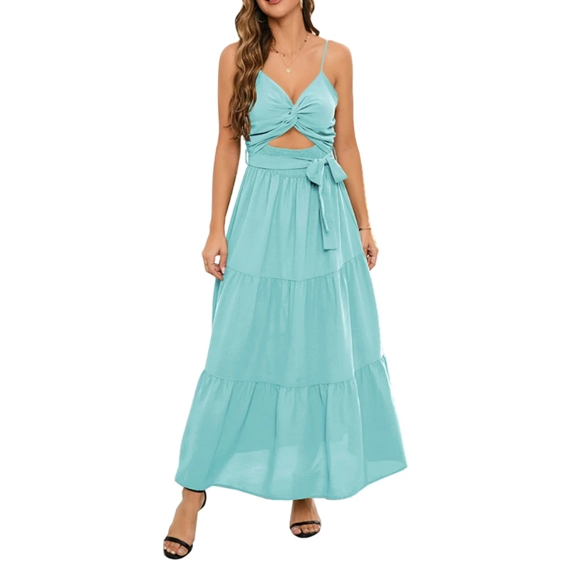 

Women Solid Color Sleeveless V-Neck Twist Front Belted High Waist Tiered Dress 10CD