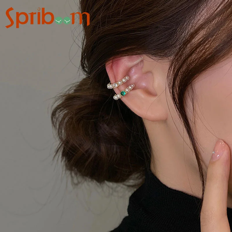 Trendy Pearl Ear Cuff Non-Piercing Simple Clip Earrings for Women White Green Zircon Ear Clips Girls Temperament Jewelry Gifts