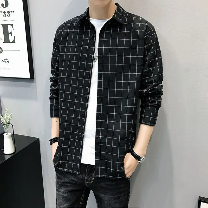 Fashion Lapel Button Spliced Pockets Lattice Shirts Men's Clothing 2022 Autumn New Oversized Casual Tops All-match Korean Shirt
