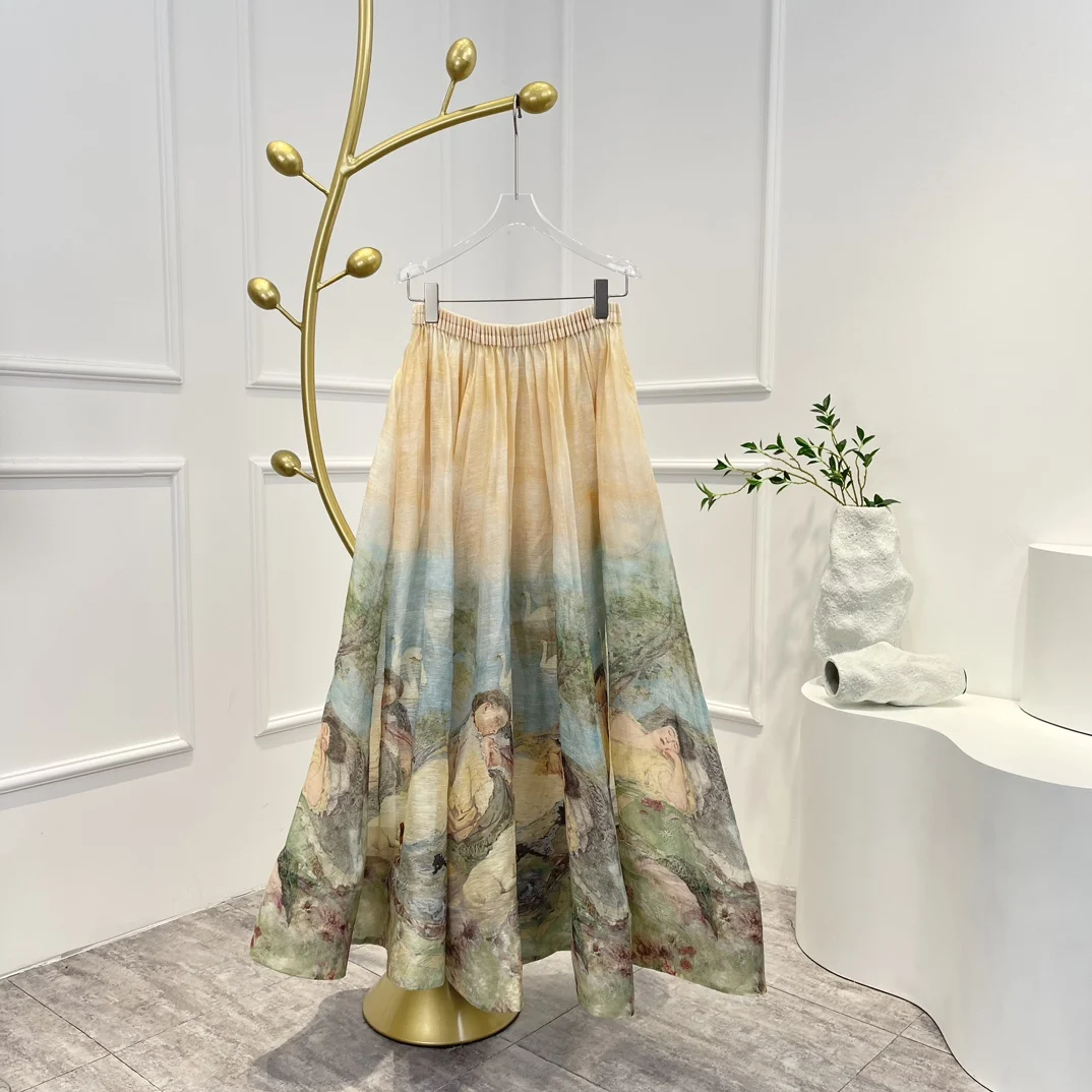 

2023 New Arrivals Vintage Natural Scenery Print Folds Casual Holiday Style Woman Midi Skirt