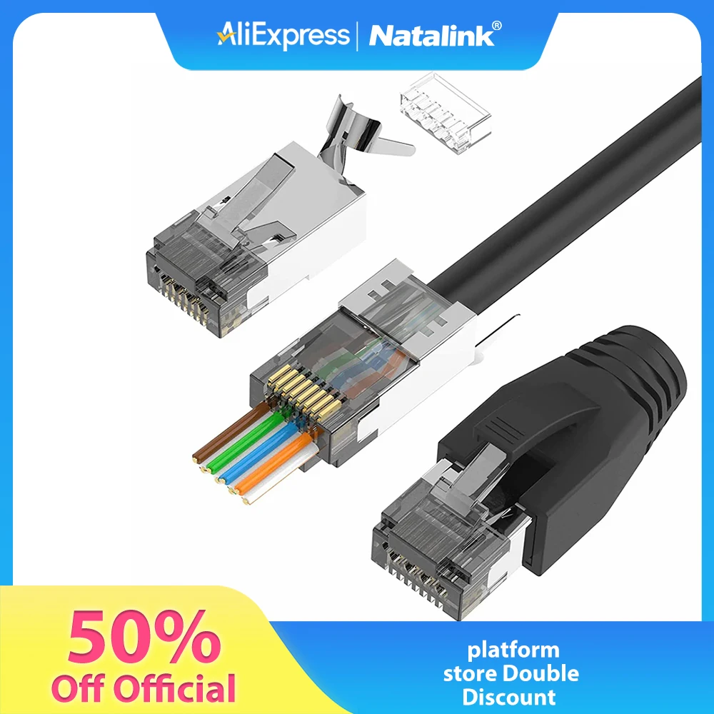 Фото Разъем Natalink CAT6A CAT7 RJ45, сквозной экранированный 3-контактный позолоченный модульный сетевой штекер с ботинками для снятия натяжения, черный цвет №1