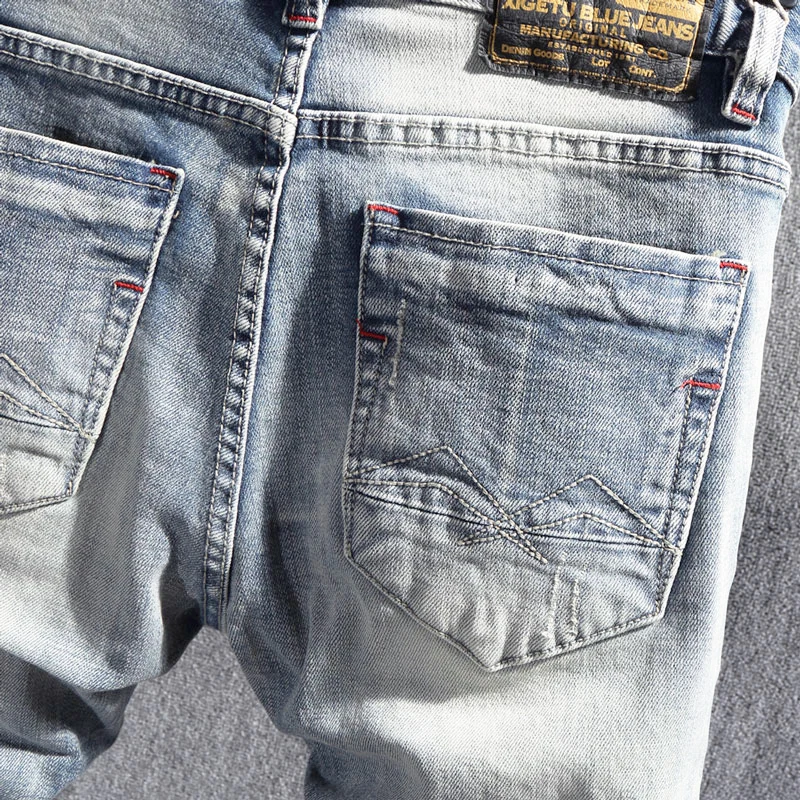 Street Fashion Designer Men Jeans Retro Light Blue Stretch Slim Fit Ripped Jeans Men Patched Vintage Casual Denim Pants Hombre