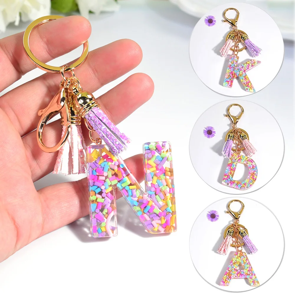 

New A-Z Initial Letter Keychains With Tassel Soft Clay Strip Filled 26 Alphabet Keyring For Women Handbag Pendant Charms Gifts