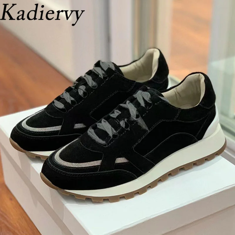 Кроссовки женские повседневные с круглым носком на шнуровке бусинами лоскутные