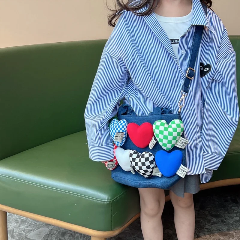 Love Heart Lattice Parent-child Canvas Fashion Shoulder Bags 2022 New Girl Boy Korean Style Personalized Cute Handbag All-match