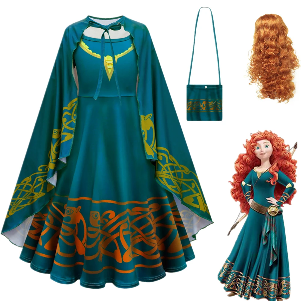 Готическое винтажное длинное платье принцессы Мерида с париком детская