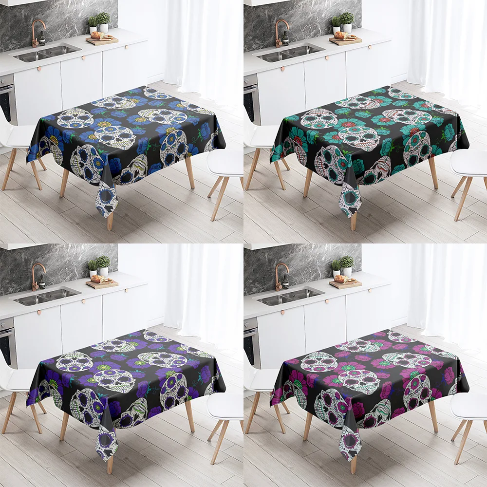 

Colorful Skull Flower Tablecloth Home Decor Stain Resistant Waterproof Table Decoration Rectangular Kitchen Fireplace Countertop