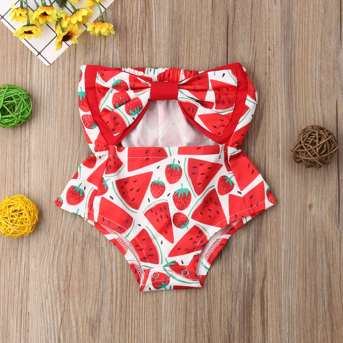 

Комбинезон для новорожденных девочек 0-24 мес., летний Летний комбинезон в виде клубники с фруктовым принтом, без рукавов, без бретелек, с бантом