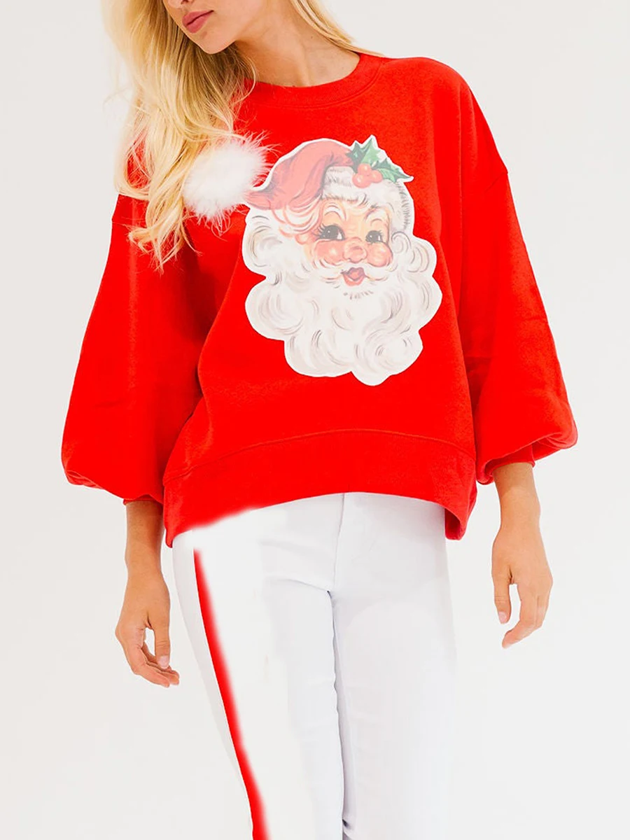 Женская рождественская свободная толстовка с длинным рукавом и круглым вырезом