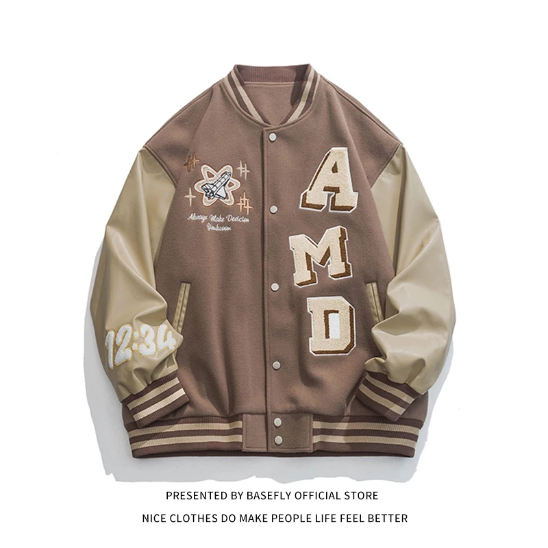 

AMD Letterman Embroid Retro Stadium Award Patchwork Men Baseball Bomber Jacket Unisex Women Varsity University Coat Couple Chic