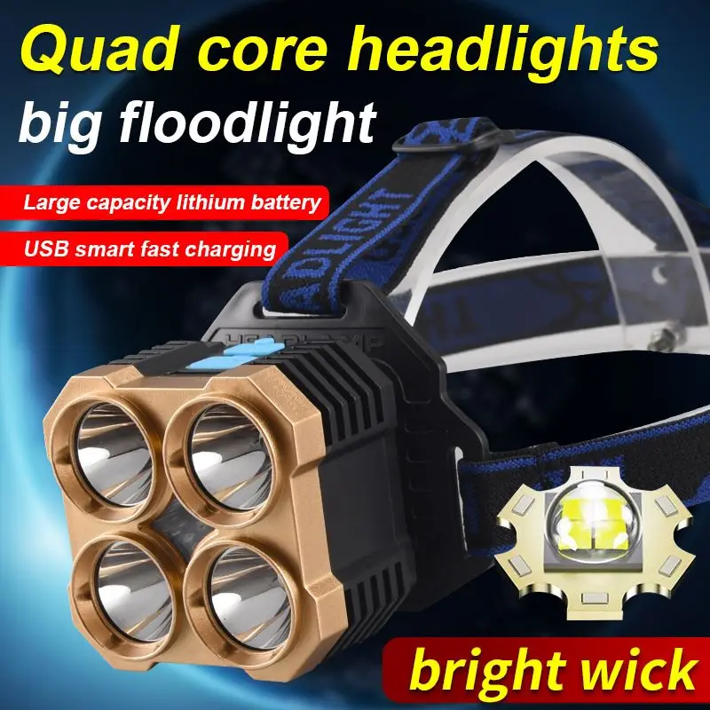 

Portable Headlight USB Charging Strong Light 4LED Head-mounted Searchlight Highlighting Outdoor Waterproof Adventure Patrol Work