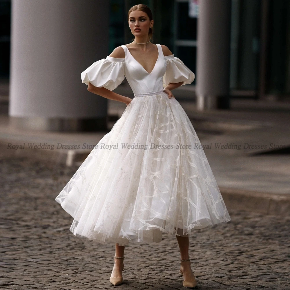 

High Quality A Line Wedding Dresses Draped Puff Sleeve Applique Embroidery V Neck 2022 Summer Floor Length Gowns Robe De Ma