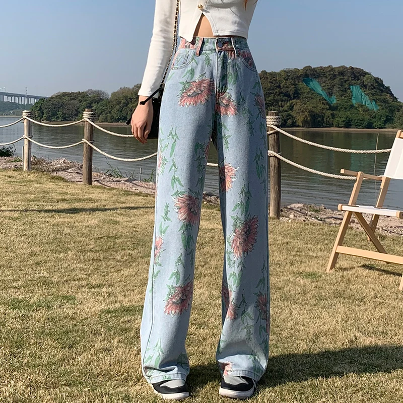 

Jeans Women's Sweet and Spicy Girly Printed Jeans Design niche high-waist straight-leg trousers drape wide-leg mopping pants