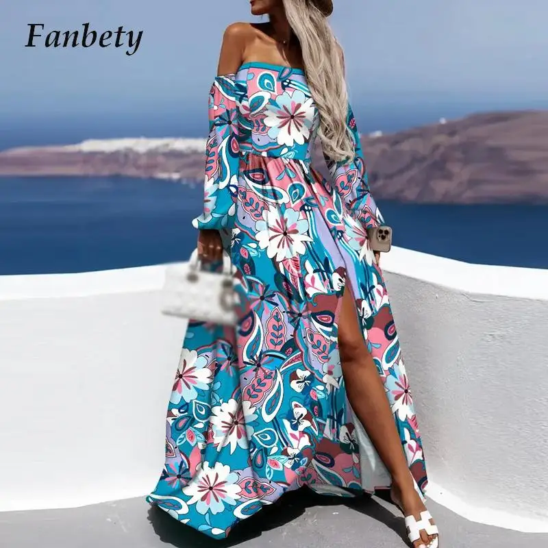 

Elegant Boho Printed Maxi Party Dresses Vintage Ladies Holiday Long Sleeve Backless Dress Summer Beach Print Split Women Dresses