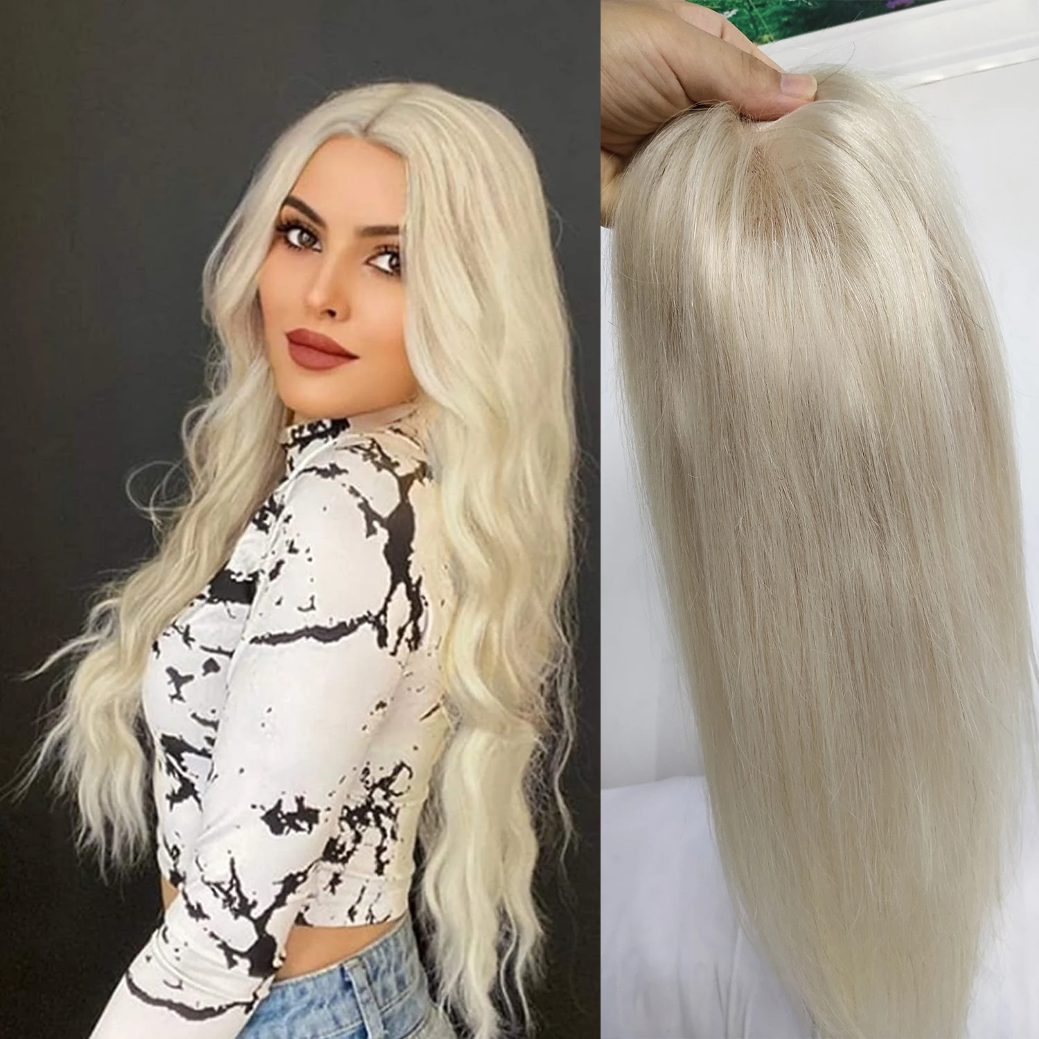 60 цветов 18 дюймов пепепельный светлый человеческий волос Топпер парик для