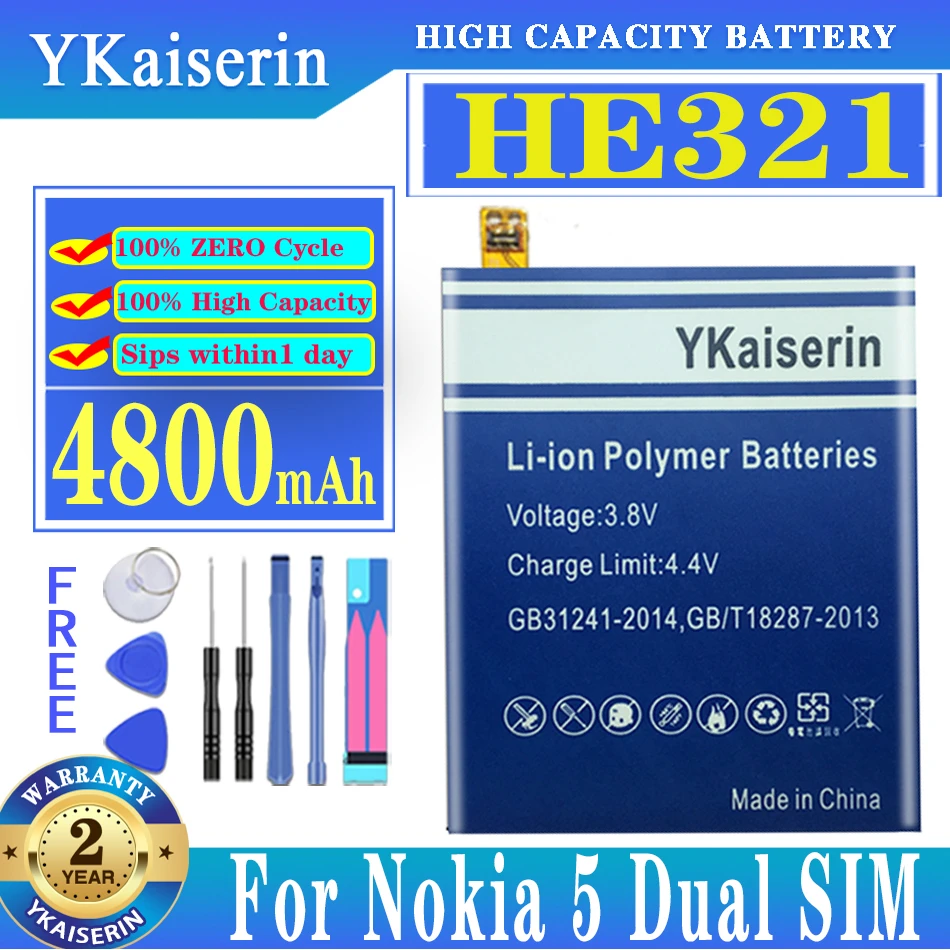 

YKaiserin HE321 HE 321 4800mAh Battery For Nokia 3.1/For Nokia5 Nokia 5 Dual SIM (TA-1053 DS) Batteries + Tool Kits