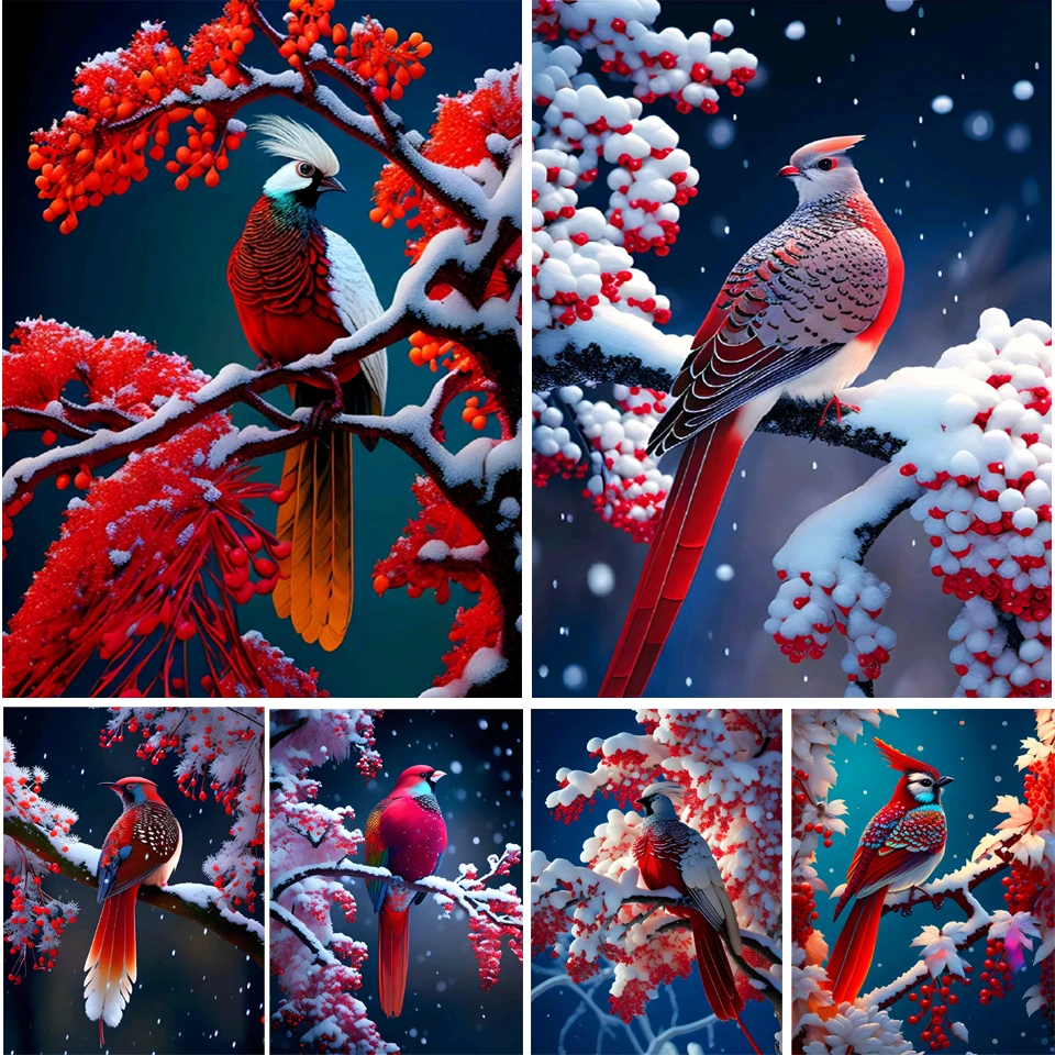 Алмазная 5D картина, картина с красным попугаем, снегом, полная выкладка, мозаика из страз, картина с цветами, вышивка крестиком