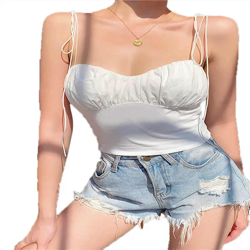 

Summer Women's Sexy V Neck Sleeveless Camisole White Strappy Ruched Crop Tank Tops Solid Color Sling Crop Tops
