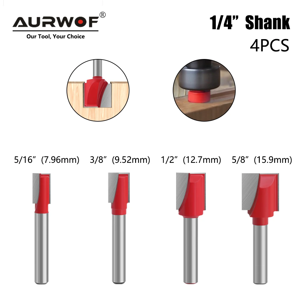 

AURWOF 4pcs 1/4 Shank Cleaning Bottom Bit Straight Router Bit set Clean Milling Cutter Woodworking Power Machine