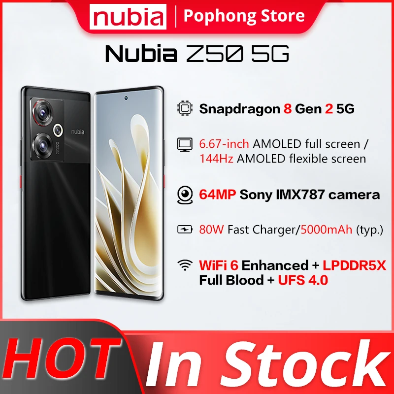  Nubia Z50 5G Mobile Phone 6.67 inch 144Hz AMOLED flexible display Snapdragon 8 Gen 2 Octa Core 80W Quick Charge NFC 