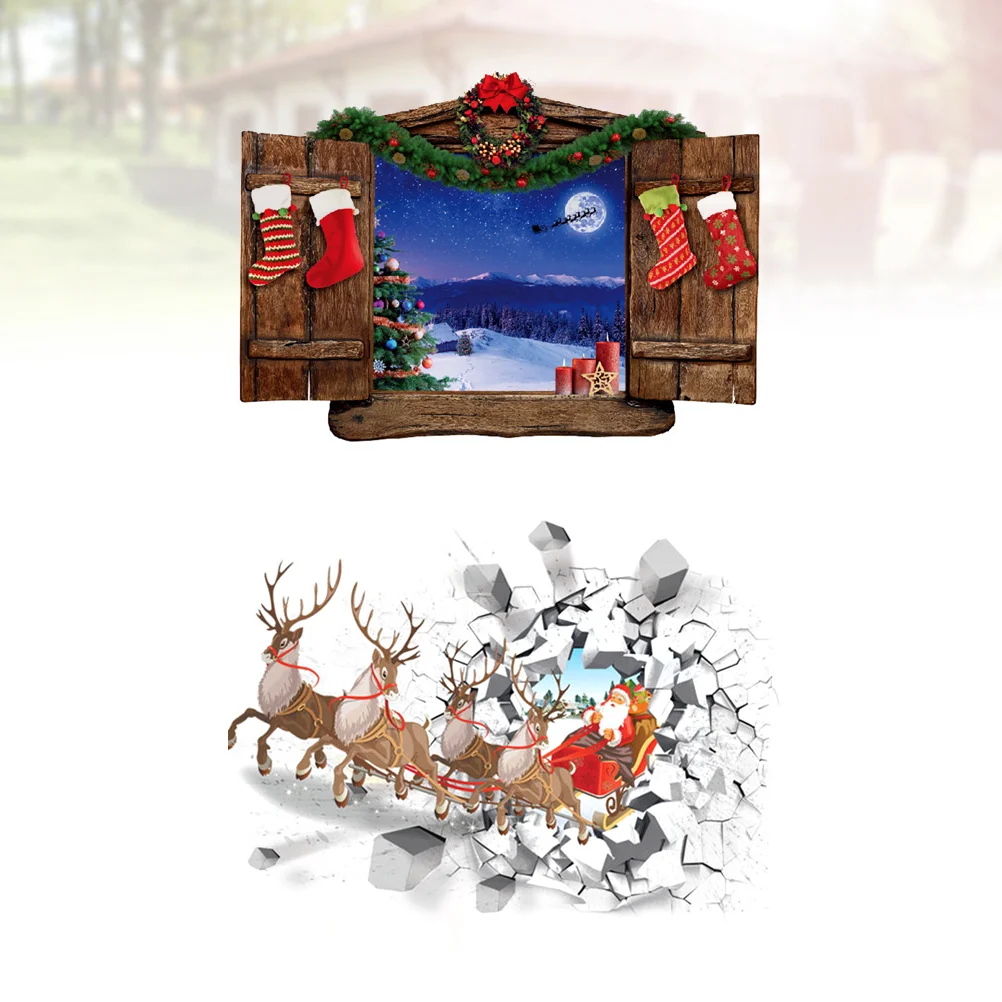 

Christmas Wall 3D Stickers Sticker Window Decals Decal Santa Cracked Broken Elk Windows Faux Removable Holiday Clings Cling