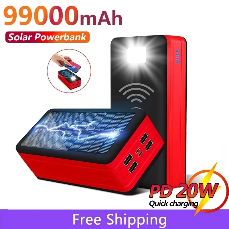 99000mAh Wireless Solar Power Bank Portable Phone Charger 4USB Outdoor Large Capacity External Battery for IPhone Xiaomi Samsung