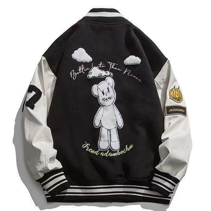 

Men Cartoon Bear Embroidery Varsity Jacket Couple Clothing Spring Autumn Thin Splicing Baseball Uniform Hiphop Black Bomber Coat