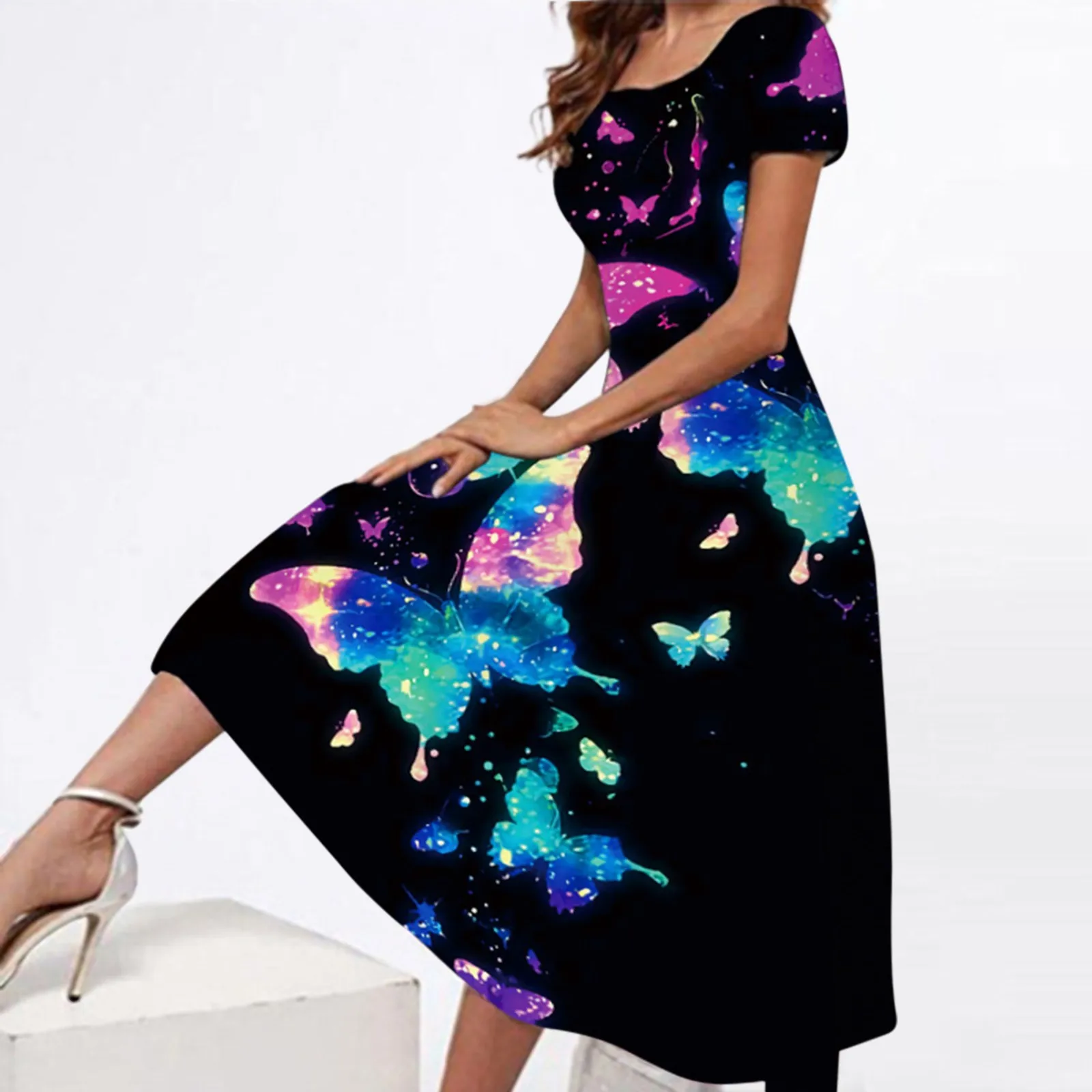 

Dresses Party Color Pattern Printed Boho Beach Dress Women Summer Soft Casual Dress Short Sleeve Loose Elegant Crewneck Dress