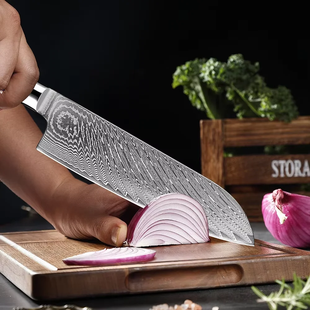 Японский дамасская сталь 7-дюймовый нож Santoku Острый кухонный для нарезки Sea Blue
