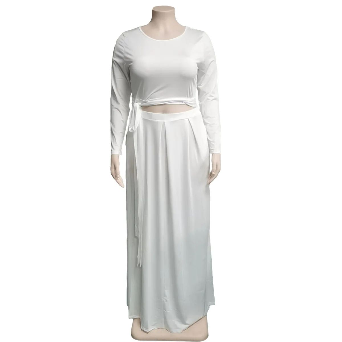 Plus Size Women Clothing Two Piece Set Short Solid Long Sleeve Round Neck Lace Up Casual Dress Set Two Pieces Women's Wear
