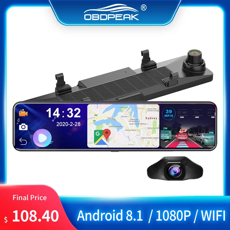 OBDPEAK D80 Android 8 1 4G Автомобильный видеорегистратор 1080P зеркало с экраном камеры
